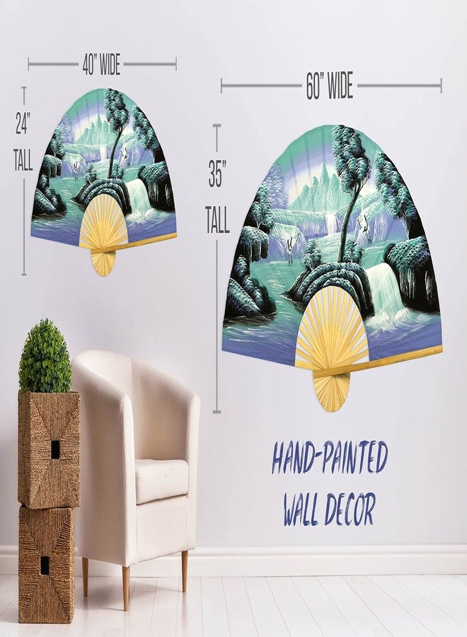 Oriental-Decor مروحة جدارية عملاقة قابلة للطي على شكل رافعات صينية، لوحة فنية جدارية مزخرفة مرسومة يدويًا، لوحة أصلية مصنوعة يدويًا من الأكريليك على إطار من الخيزران الطبيعي لتزيين غرفة المعيشة أو غرفة النوم، ريفية، بوهيمية (عرض 40 بوصة، لون أزرق مائي خيالي) - Image 5